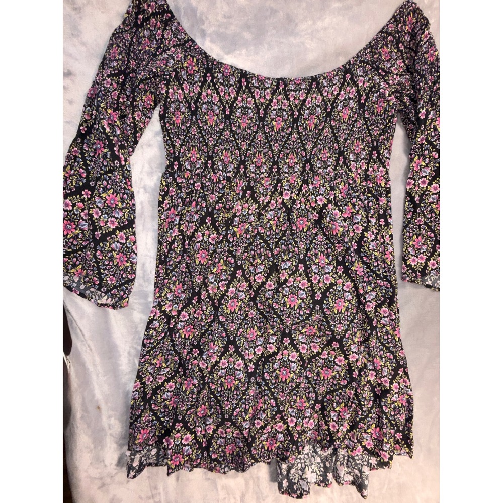 Torrid Womens Black Pink Floral Smocked Off The Shoulder Bell Sleeve Mini Dress - Picture 12 of 13